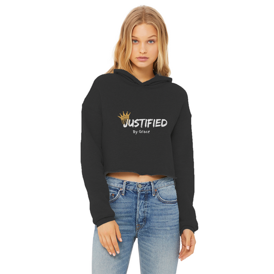 "Justified by Grace" Ladies Cropped Raw Edge Hoodie