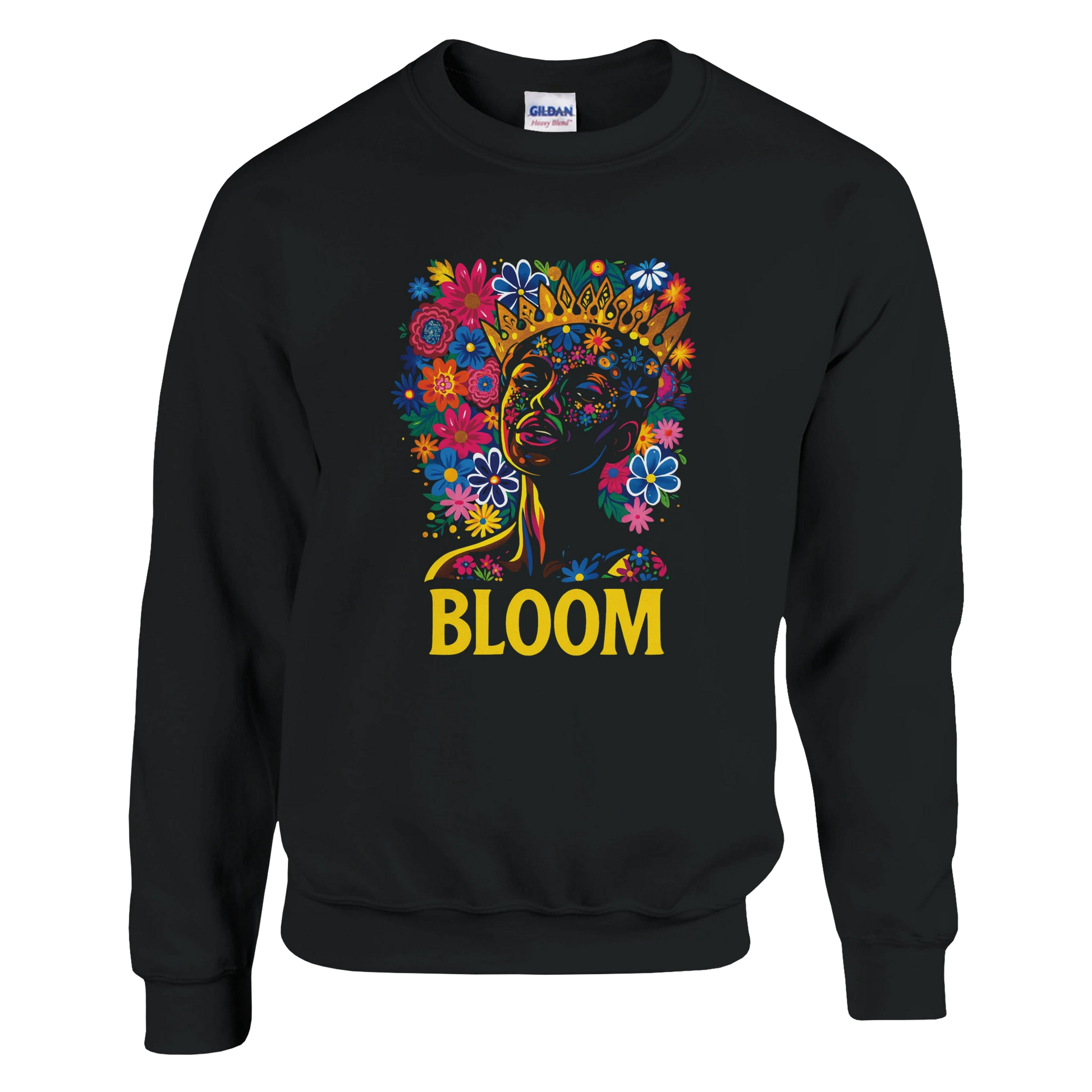 Black sweatshirt with colorful floral design and 'BLOOM' text on a white background