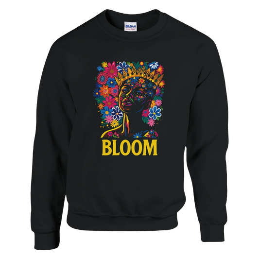 Black sweatshirt with colorful floral design and 'BLOOM' text on a white background