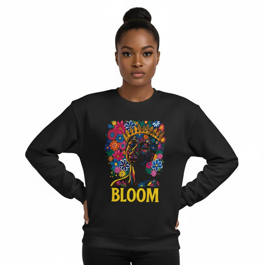 Black sweatshirt with colorful design and 'BLOOM' text worn by a model on a white background