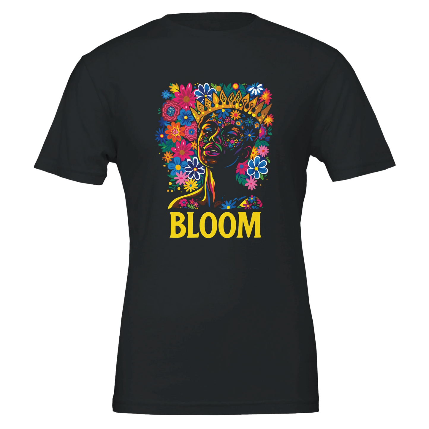 Black t-shirt with a colorful graphic of a face and flowers, and the word 'BLOOM' on a white background.