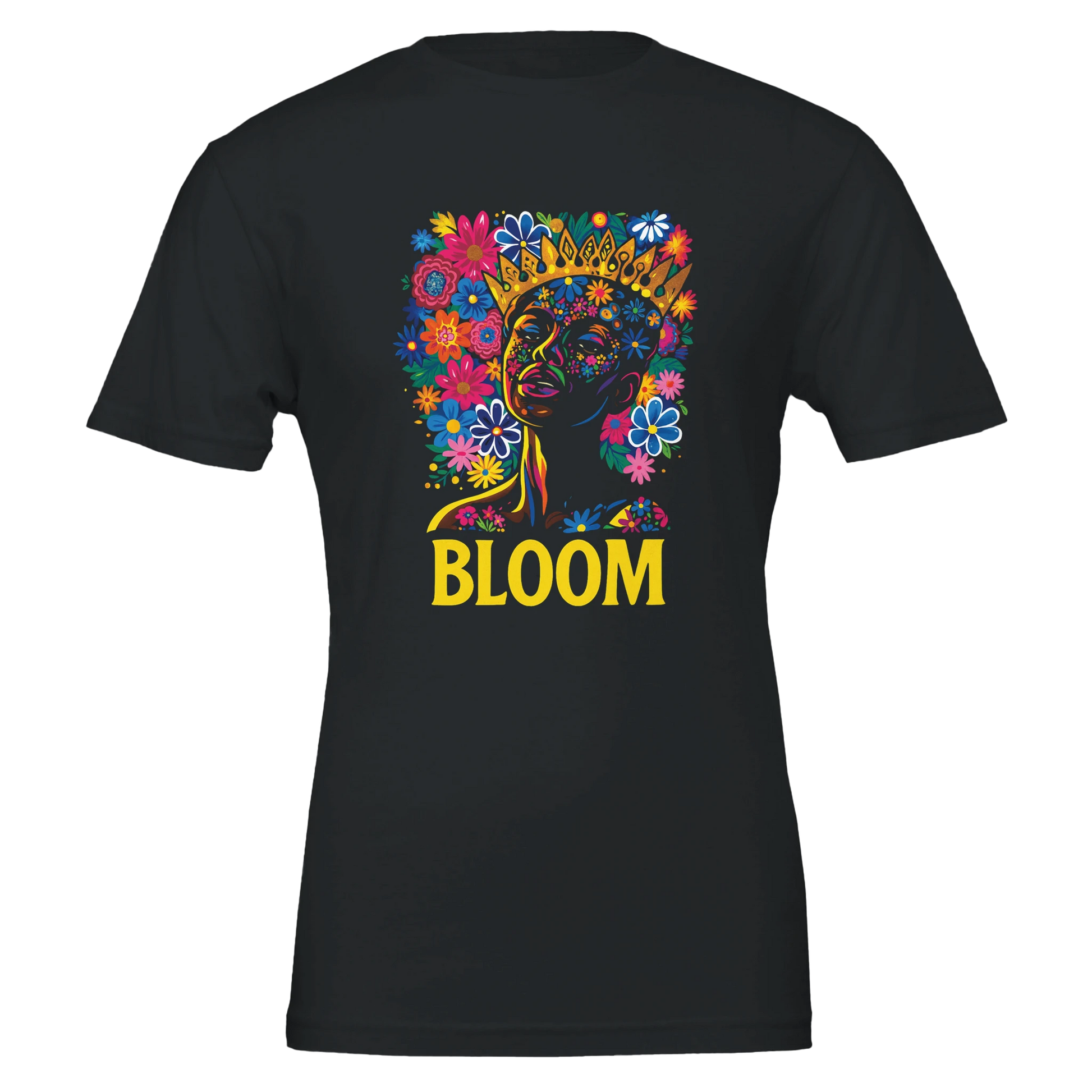 Black t-shirt with a colorful graphic of a face and flowers, and the word 'BLOOM' on a white background.