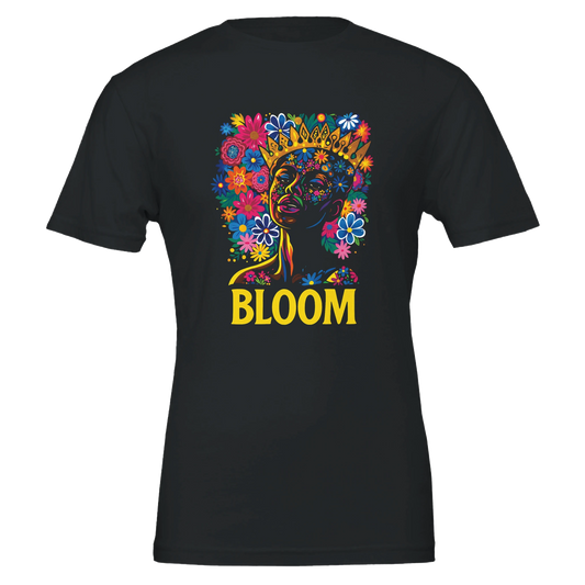 Black t-shirt with a colorful graphic of a face and flowers, and the word 'BLOOM' on a white background.
