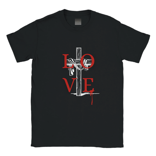Black t-shirt with a graphic design of a cross and 'LOVE' text on a white background