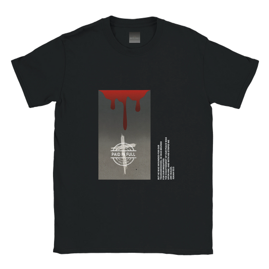 Paid in Full Isaiah 53 Inspired Black t-shirt with a graphic design featuring red and gray elements on a white background