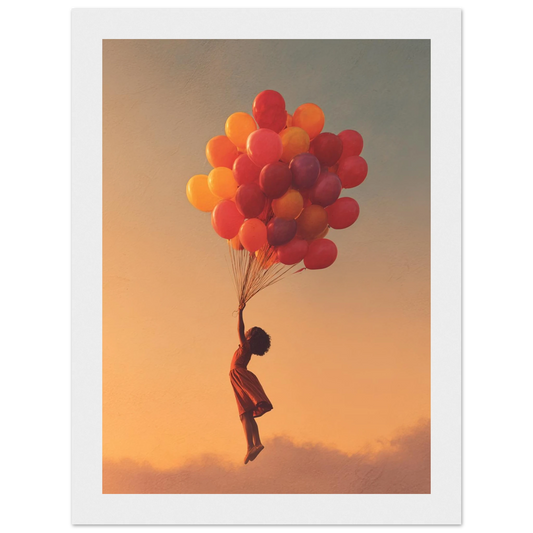Framed artwork of a silhouette holding colorful balloons against an orange sky.