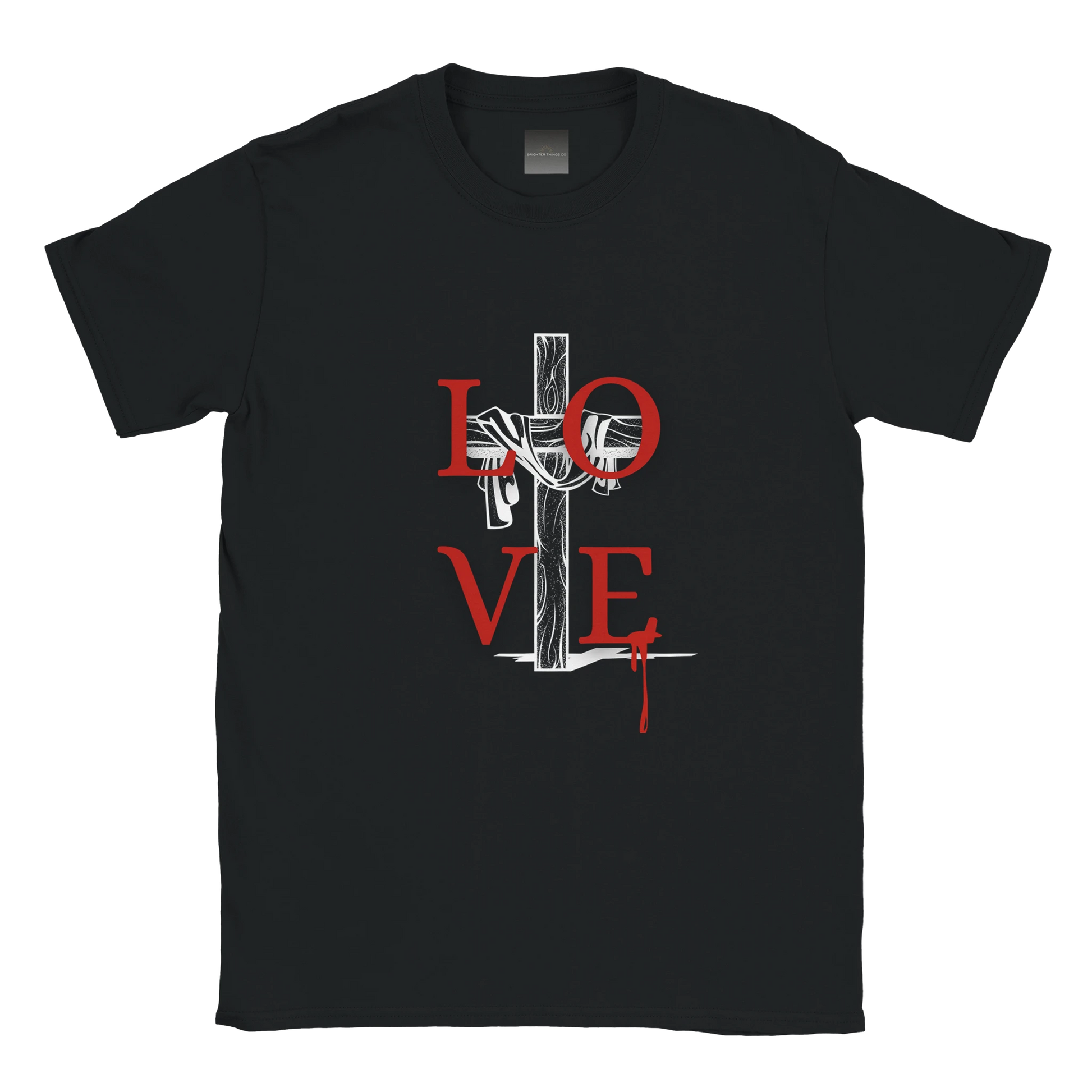 Black t-shirt with a graphic design of a cross and 'LOVE' text on a white background