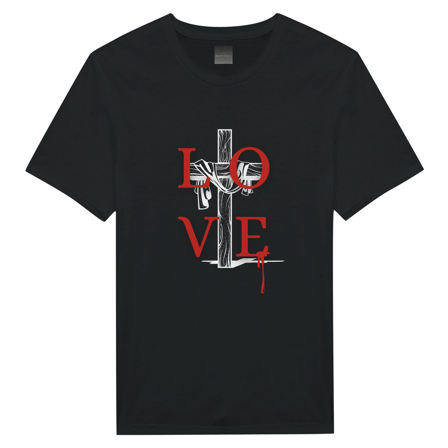 Black t-shirt with a graphic design of a crucifixion and the word 'LOVE' on a white background