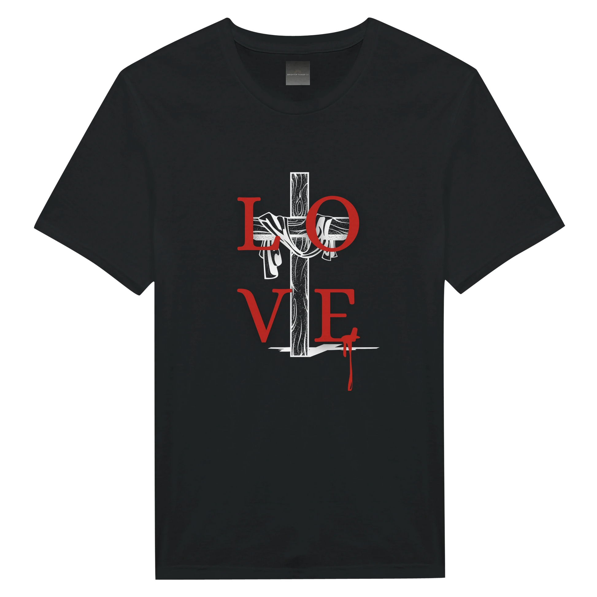 Black t-shirt with a graphic design of a crucifixion and the word 'LOVE' on a white background