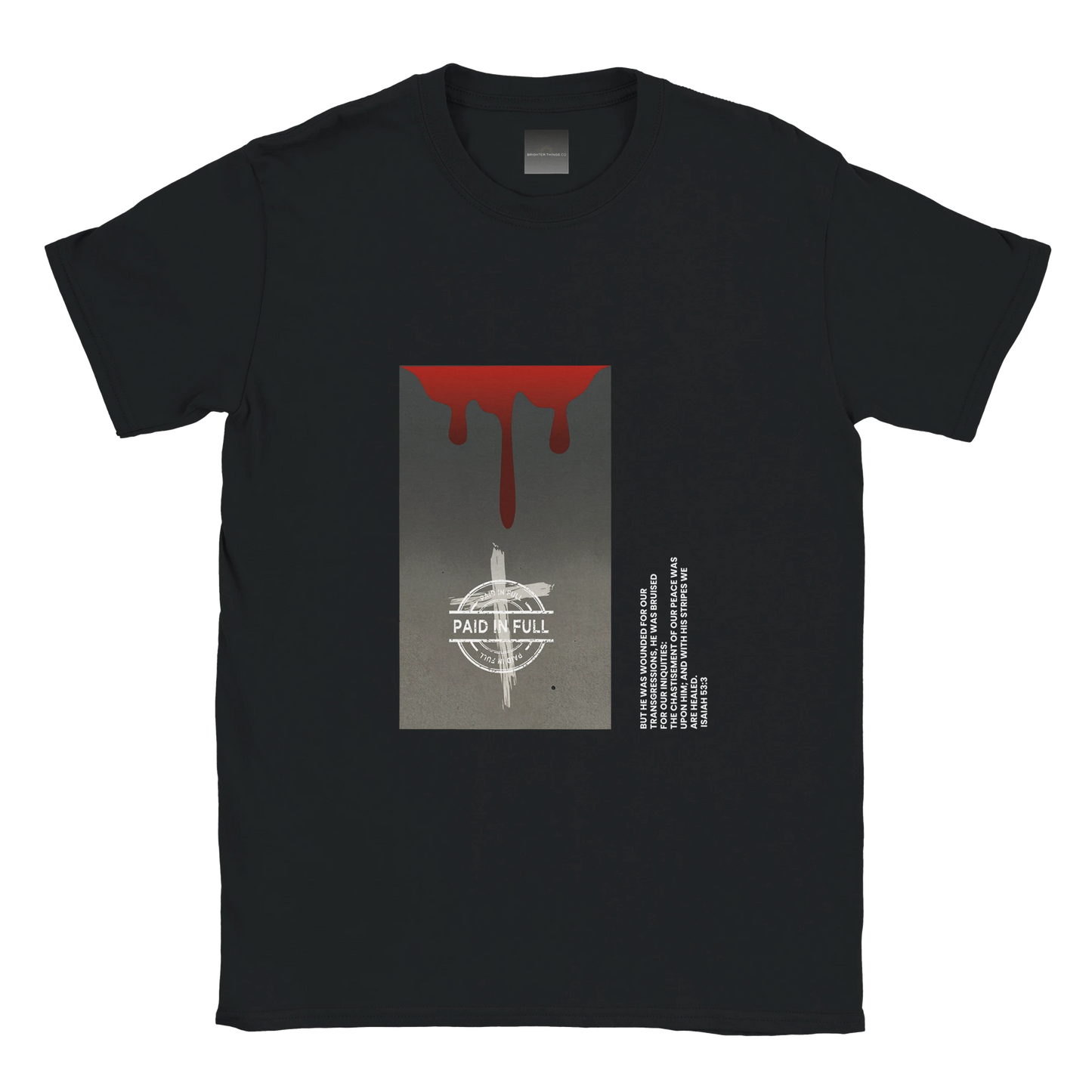 Paid in Full Isaiah 53 Inspired Black t-shirt with a graphic design featuring red and gray elements on a white background