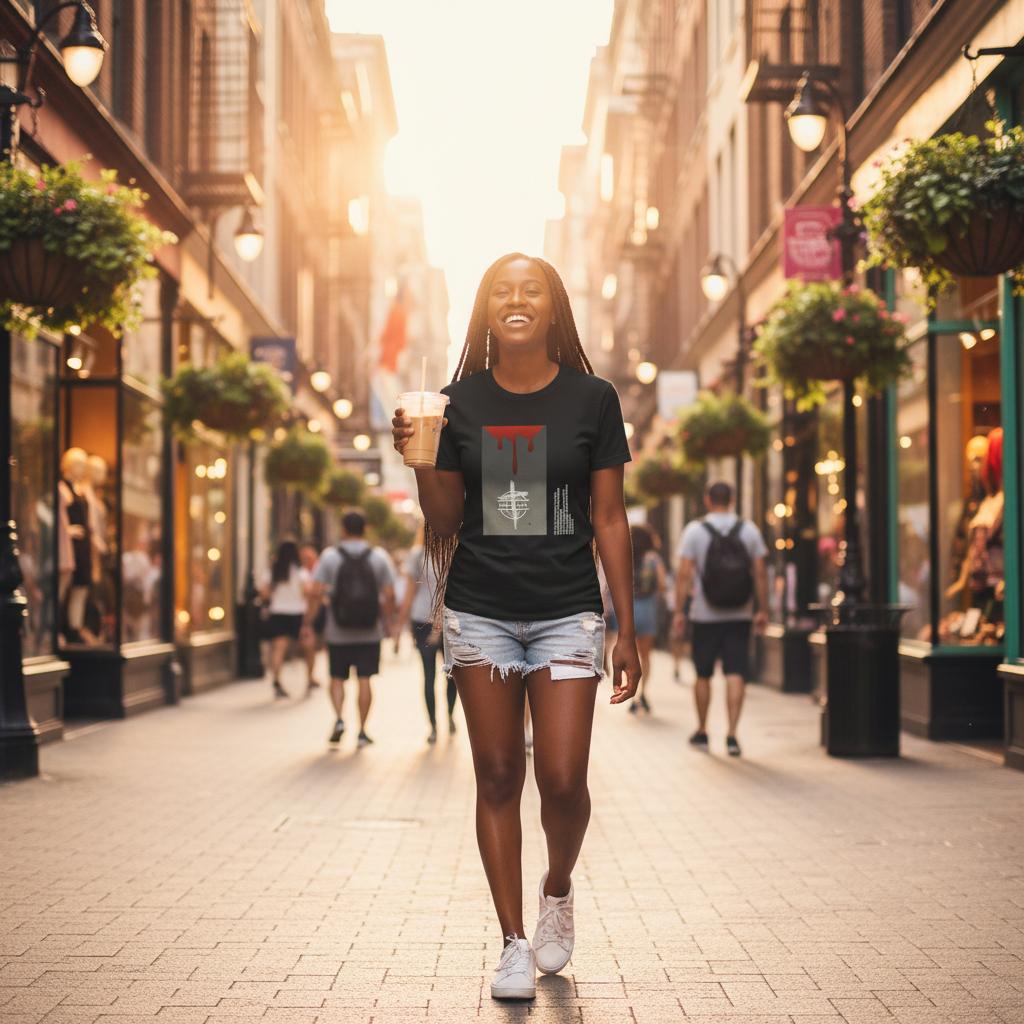 Woman walking down a city street  in Paid in Full T-shirt holding a coffee cup, surrounded by urban architecture and pedestrians.